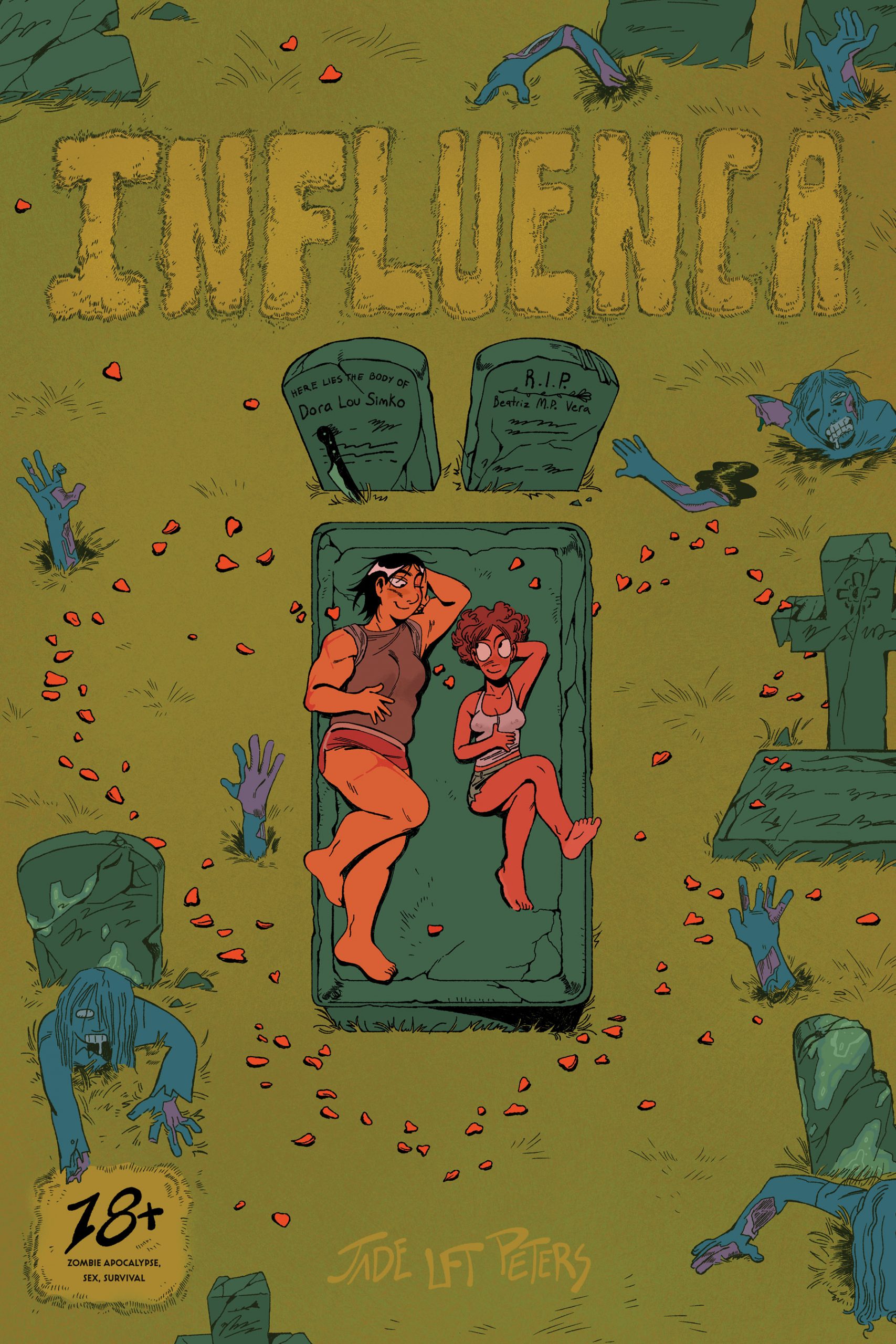 Two femmes lay atop a grave with two tombstones behind them to give the illusion of a bed. Around them are rose petals in the shape of a heart and zombies popping out of their grave. 
