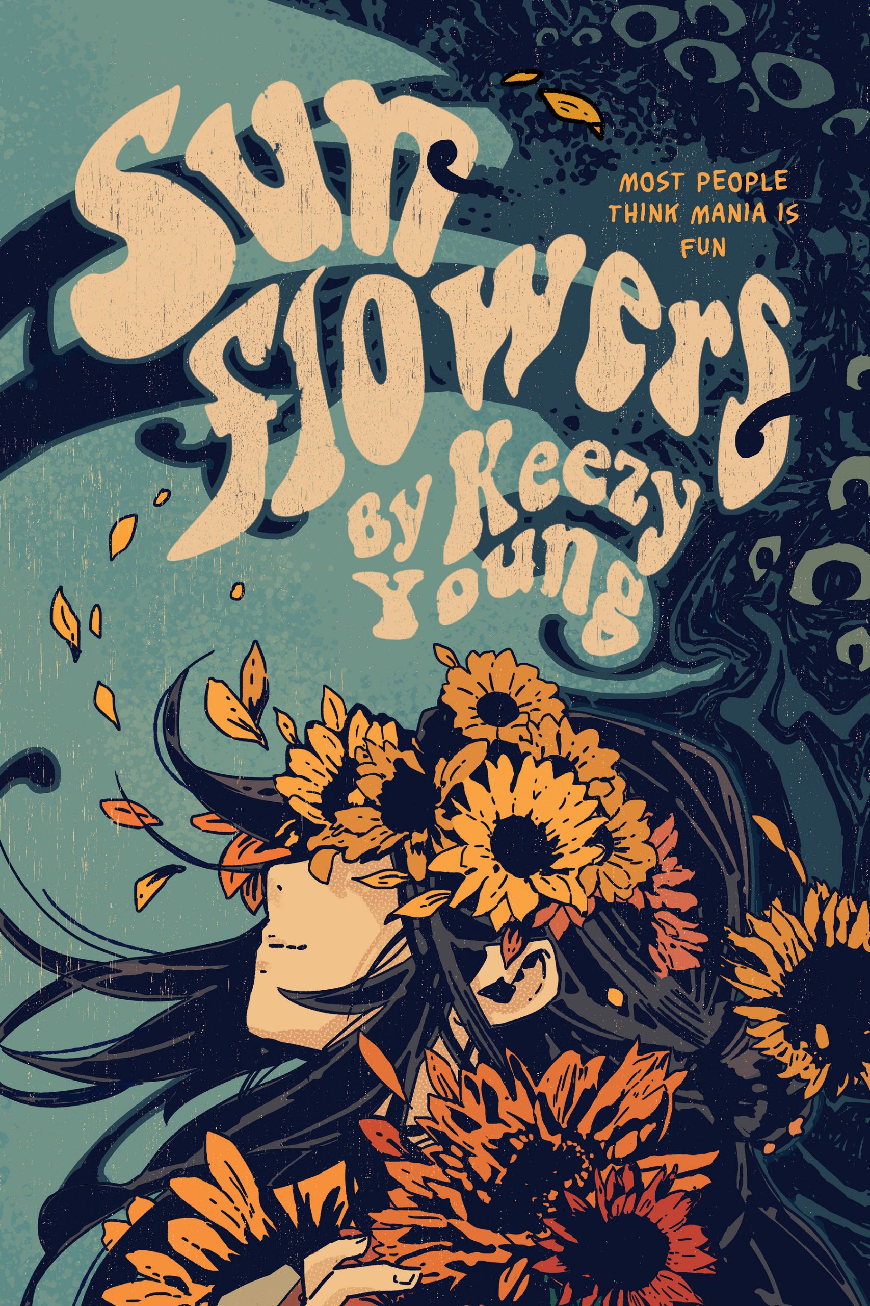 Against a teal background, a young person with long hair looks up at the sky with sunflowers all around them and covering their eyes. 