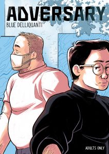 Cover image for the graphic novel Adversary — two men walking away from each other, one wearing a medical face mask