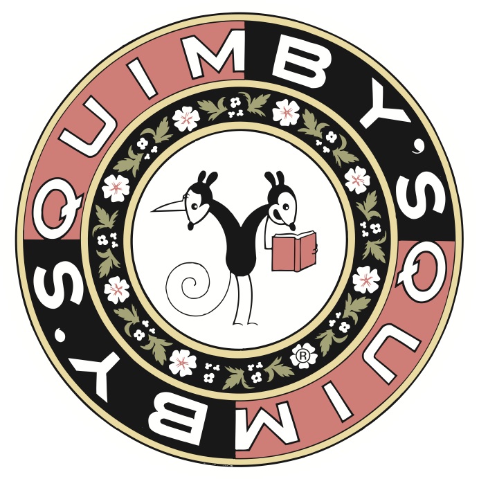 The logo for Quimby's Bookstore, which features a red and black circular design with yellow borders on the outside and inside. Quimby's is written on the top half of the logo and on the bottom half, with the bottom half written upside-down. Surrounded by an inner ring of white flowers and leaves. Quimby the Mouse is simultaneously reading a zine to the right and looking anxiously to the left.