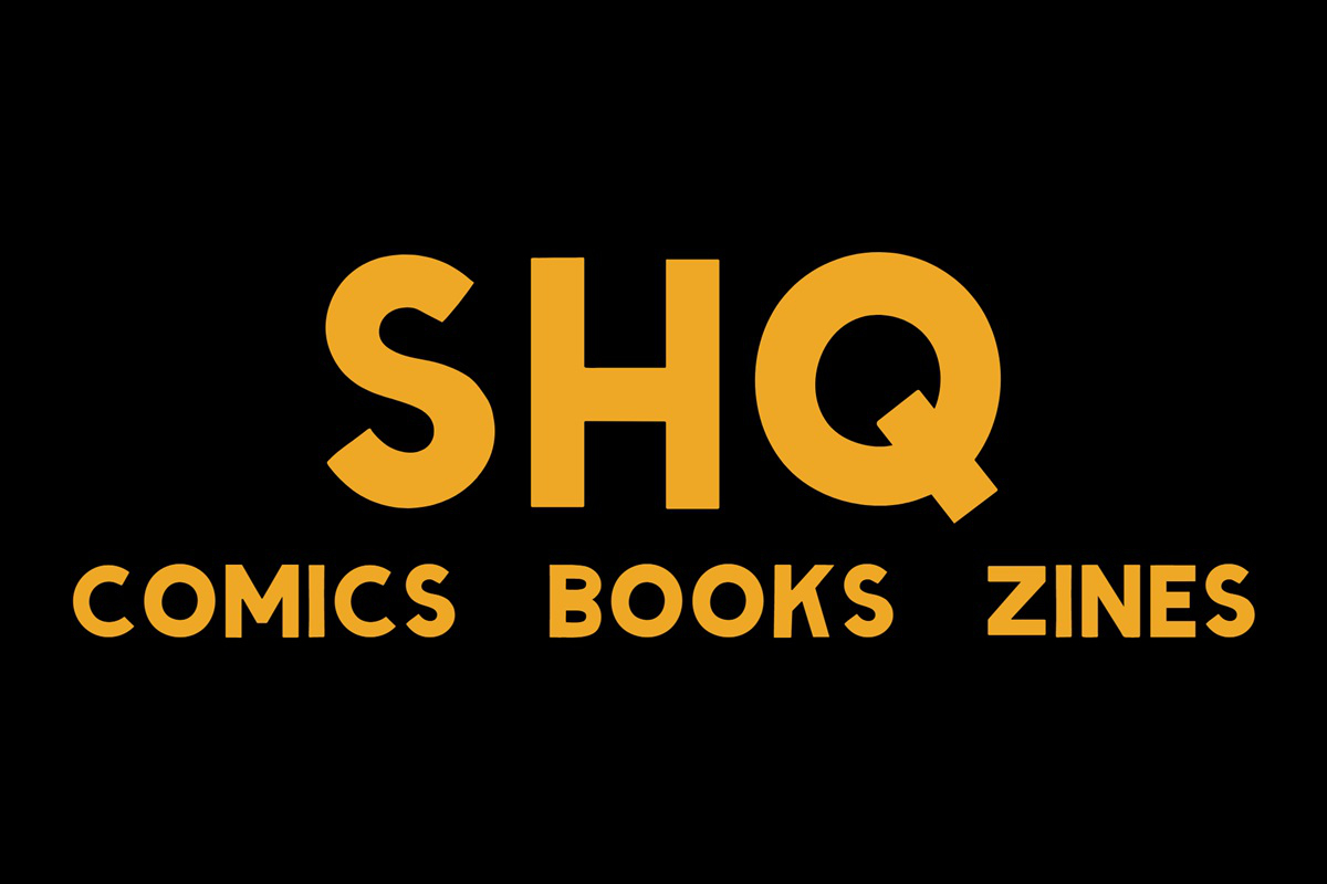 The text logo for Secret Headquarters over a black background. The letters "SHQ" are centered, with "Comics, Books, Zines" all in smaller letters underneath.