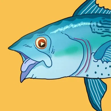 Little Tunny artist photo, an illustrated blue and white fish on a yellow background.