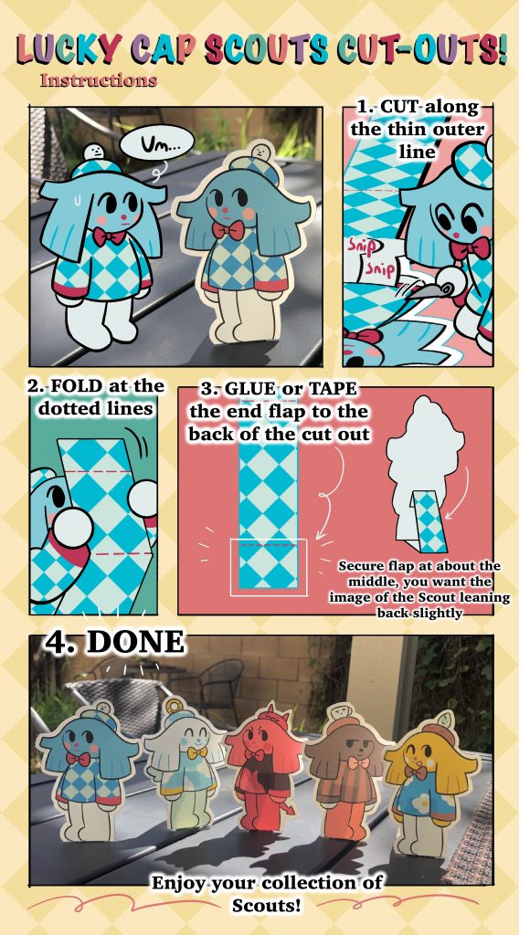 Instructional graphic for making paper cut-outs of Lucky Cap Scouts. 